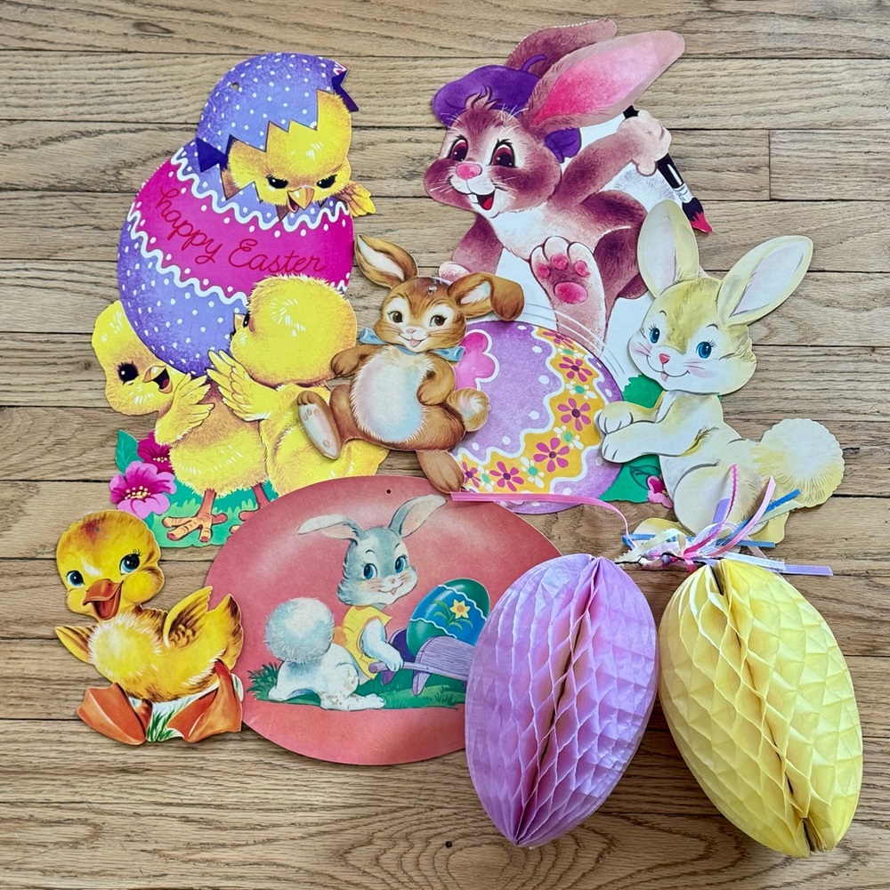Vintage Easter Die Cut Decorations Lot w/ Honeycomb Eggs